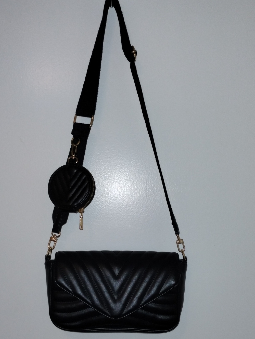 Black Quilted Crossbody Bag with Detachable Round Coin Pouch - Women